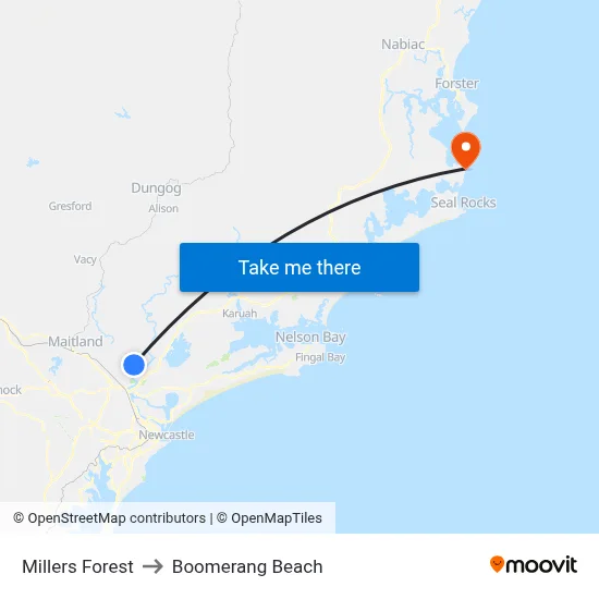 Millers Forest to Boomerang Beach map