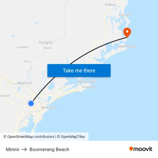 Minmi to Boomerang Beach map