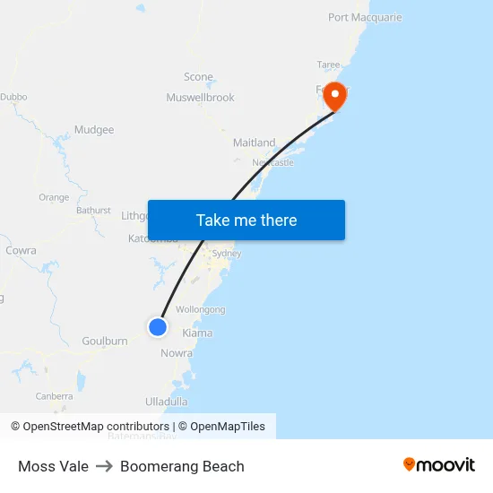 Moss Vale to Boomerang Beach map