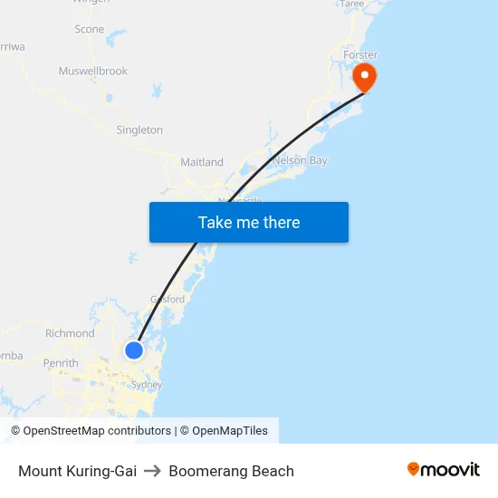 Mount Kuring-Gai to Boomerang Beach map