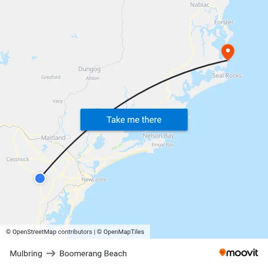 Mulbring to Boomerang Beach map