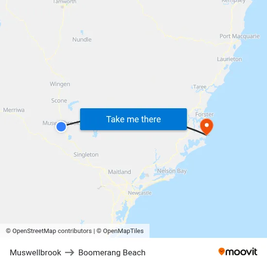 Muswellbrook to Boomerang Beach map