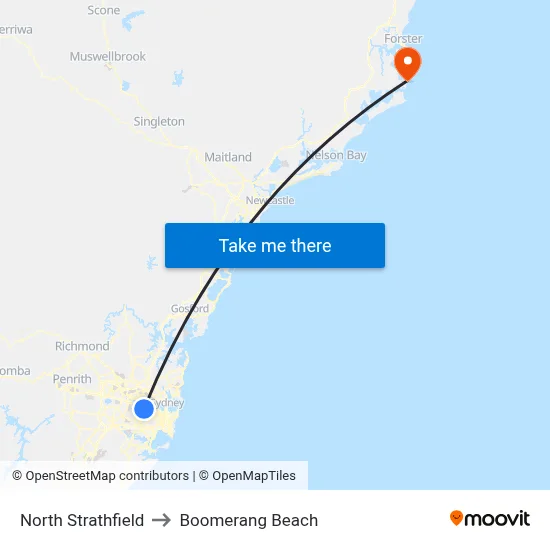North Strathfield to Boomerang Beach map