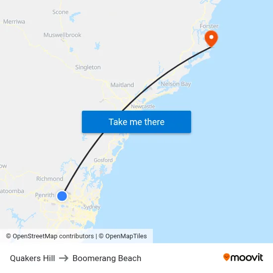 Quakers Hill to Boomerang Beach map