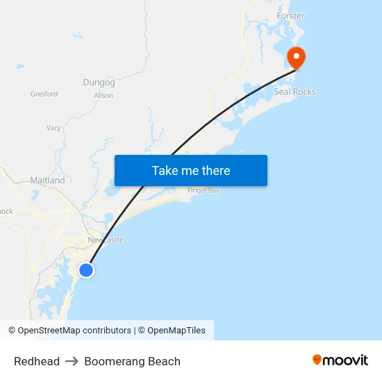 Redhead to Boomerang Beach map