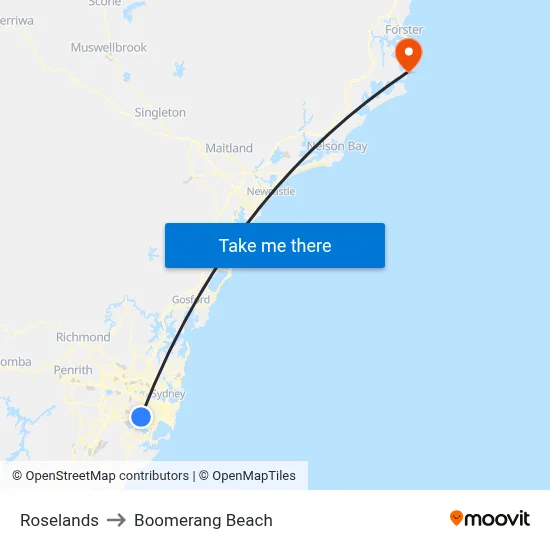 Roselands to Boomerang Beach map