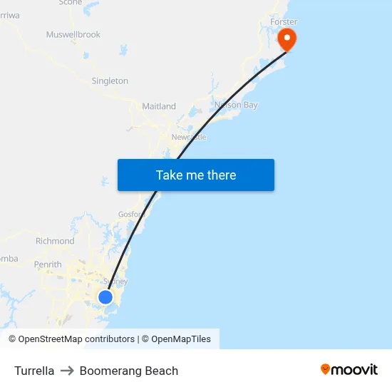 Turrella to Boomerang Beach map