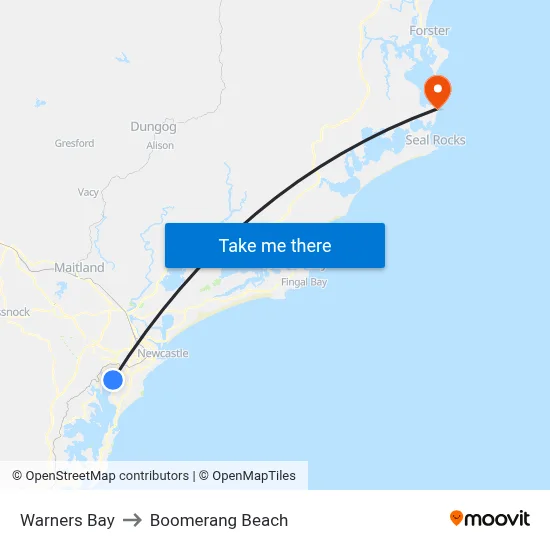 Warners Bay to Boomerang Beach map