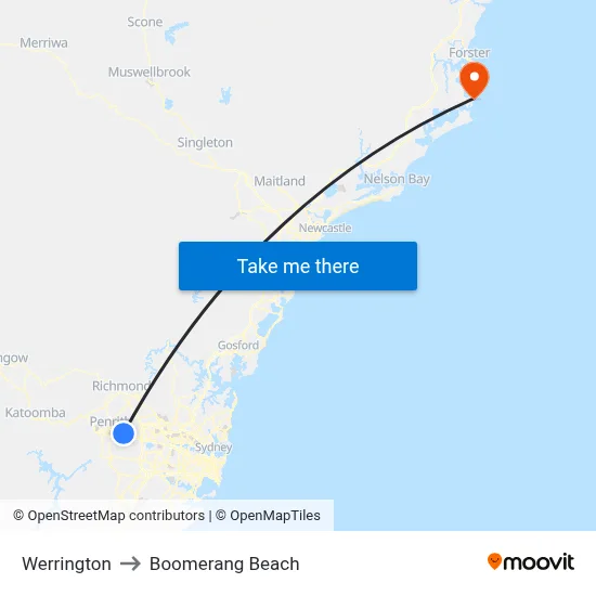 Werrington to Boomerang Beach map