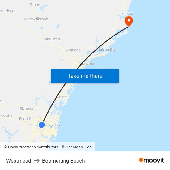 Westmead to Boomerang Beach map