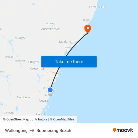 Wollongong to Boomerang Beach map