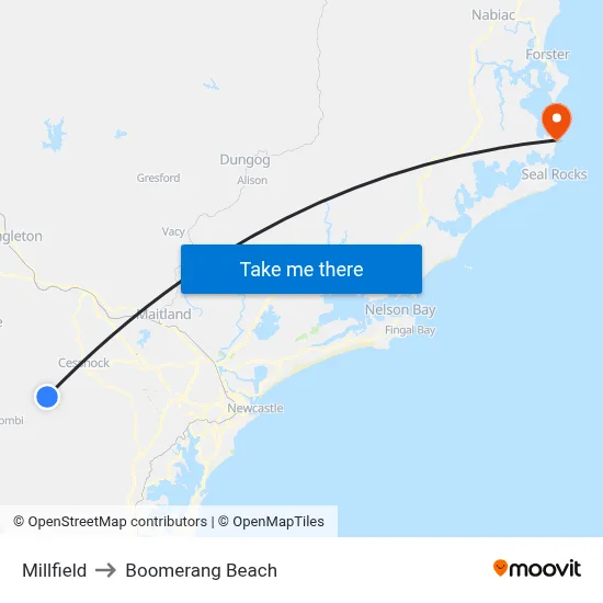 Millfield to Boomerang Beach map