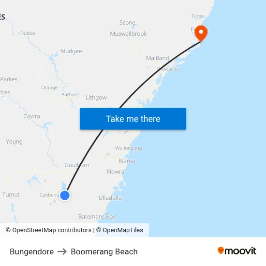 Bungendore to Boomerang Beach map