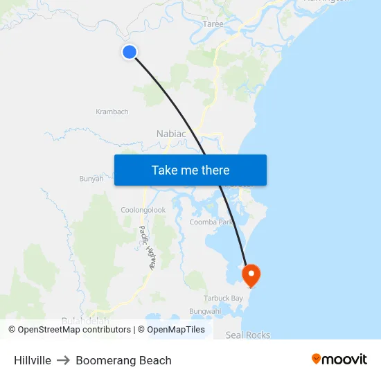 Hillville to Boomerang Beach map