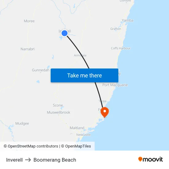 Inverell to Boomerang Beach map