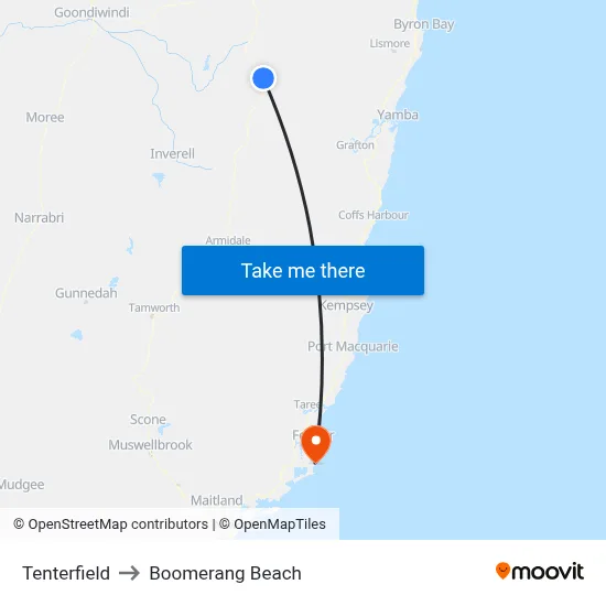 Tenterfield to Boomerang Beach map