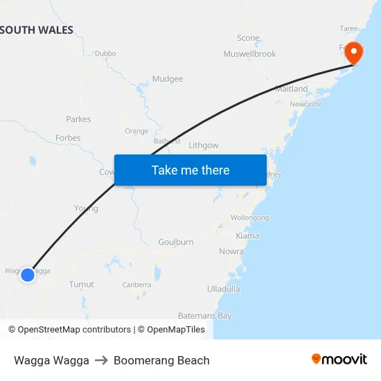Wagga Wagga to Boomerang Beach map