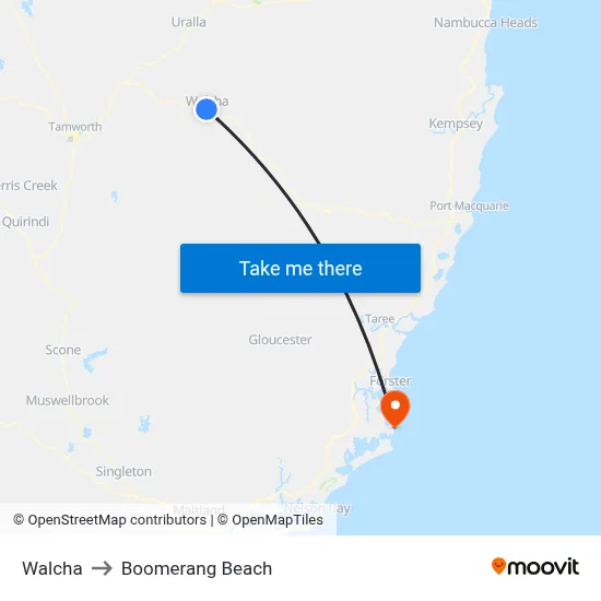 Walcha to Boomerang Beach map