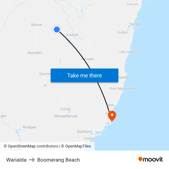 Warialda to Boomerang Beach map