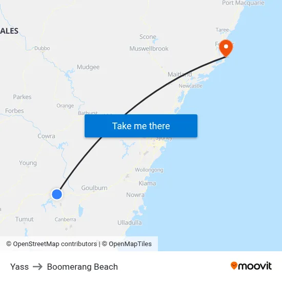 Yass to Boomerang Beach map
