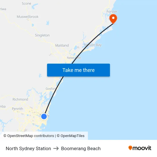 North Sydney Station to Boomerang Beach map