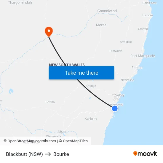Blackbutt (NSW) to Bourke map