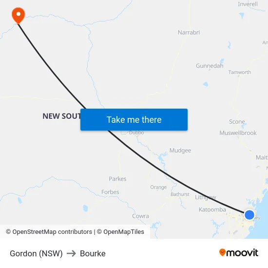 Gordon (NSW) to Bourke map