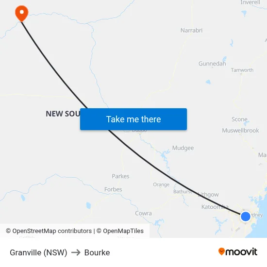 Granville (NSW) to Bourke map