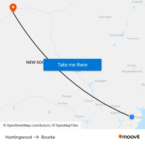 Huntingwood to Bourke map
