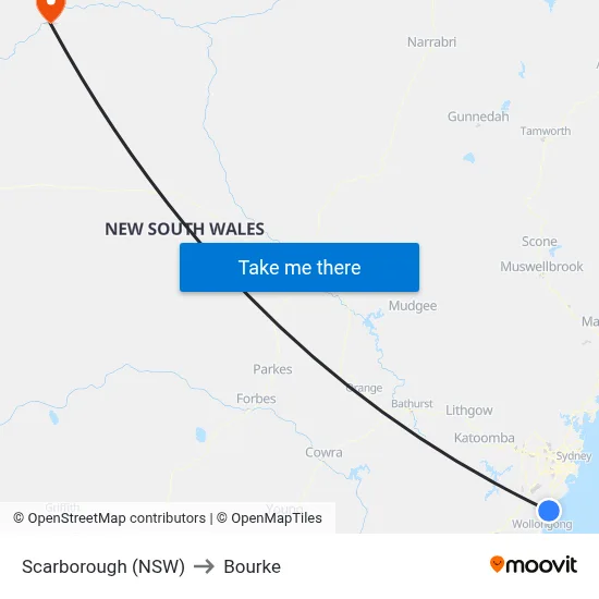 Scarborough (NSW) to Bourke map