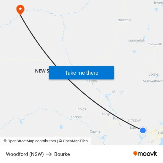 Woodford (NSW) to Bourke map