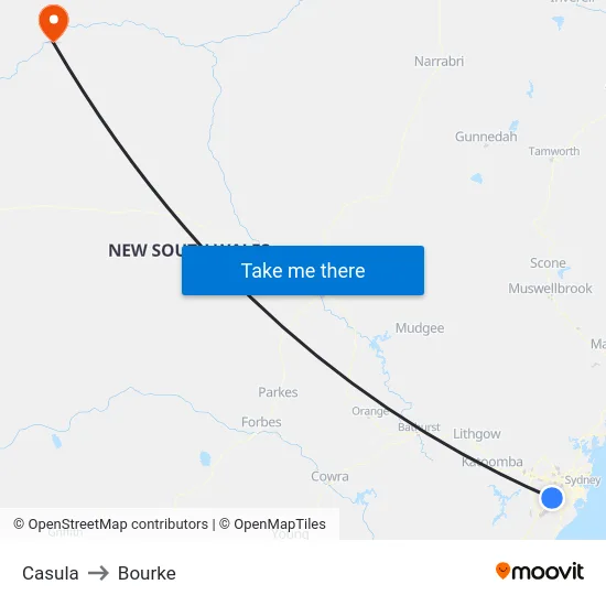 Casula to Bourke map