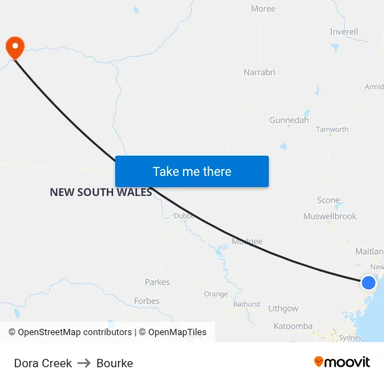 Dora Creek to Bourke map