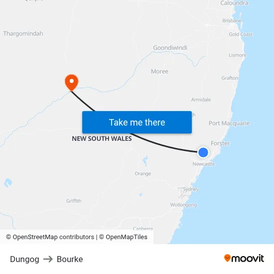 Dungog to Bourke map