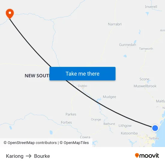 Kariong to Bourke map