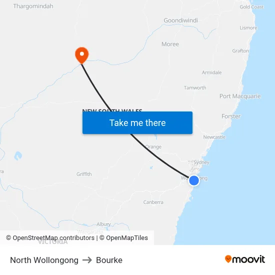 North Wollongong to Bourke map