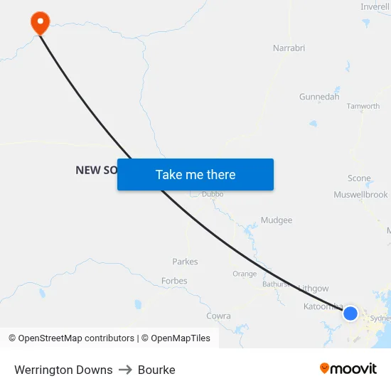 Werrington Downs to Bourke map