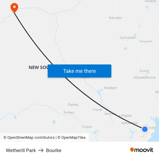 Wetherill Park to Bourke map