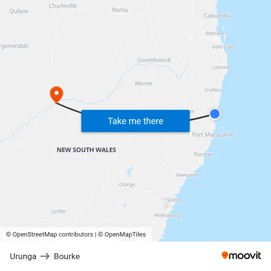 Urunga to Bourke map