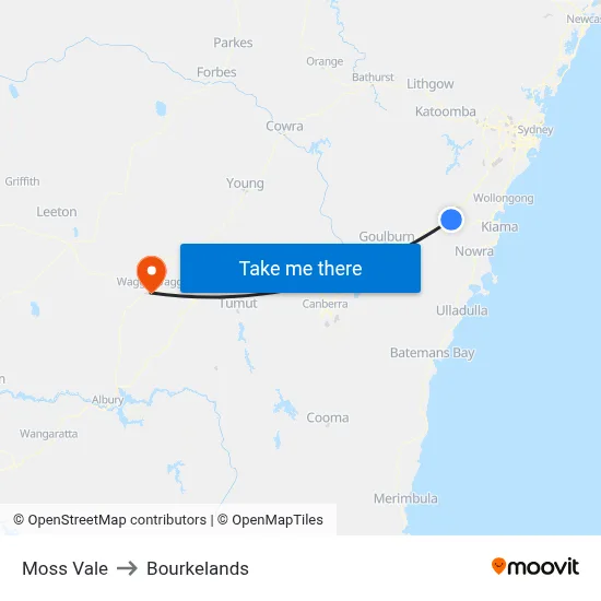 Moss Vale to Bourkelands map