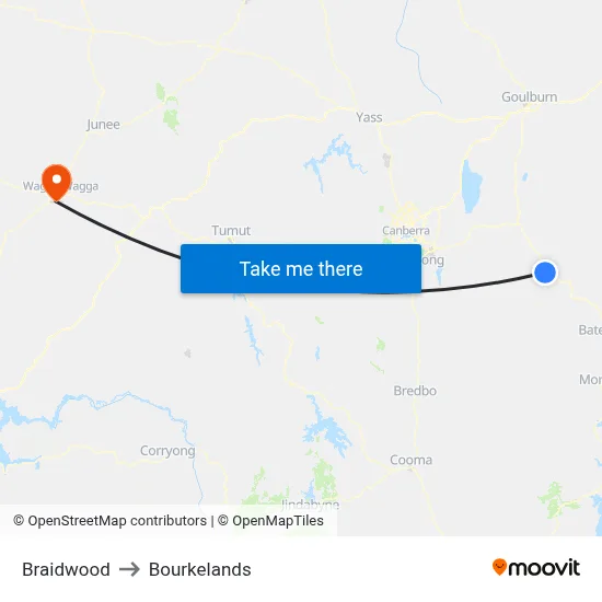 Braidwood to Bourkelands map