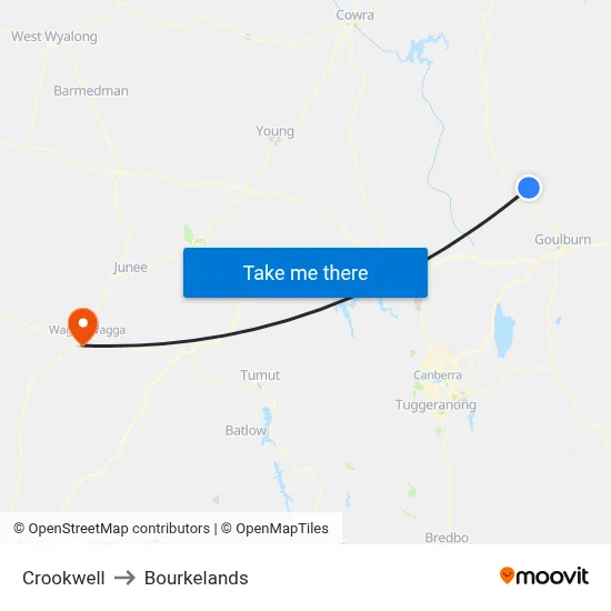 Crookwell to Bourkelands map