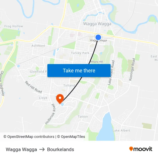 Wagga Wagga to Bourkelands map