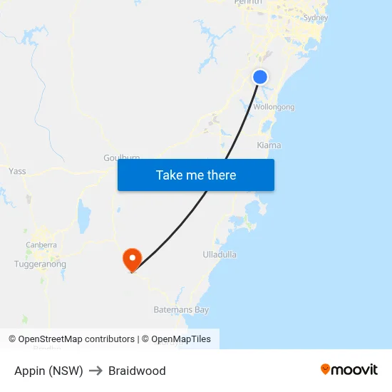 Appin (NSW) to Braidwood map