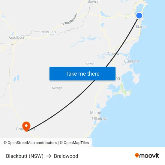 Blackbutt (NSW) to Braidwood map