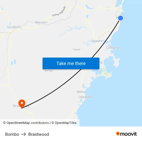 Bombo to Braidwood map