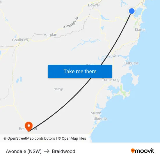 Avondale (NSW) to Braidwood map