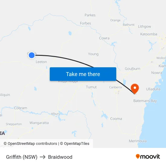 Griffith (NSW) to Braidwood map