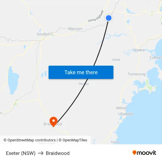 Exeter (NSW) to Braidwood map