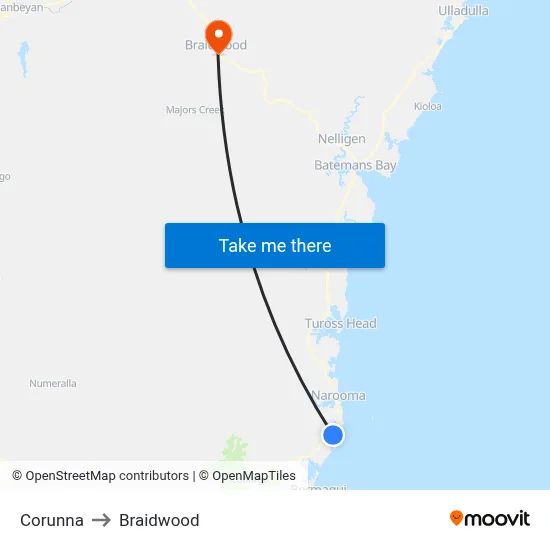 Corunna to Braidwood map